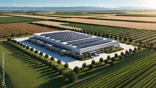 Modern Industrial Warehouse with Solar Panels Surrounded by Vast Agricultural Fields in a Rural Landscape

 photo