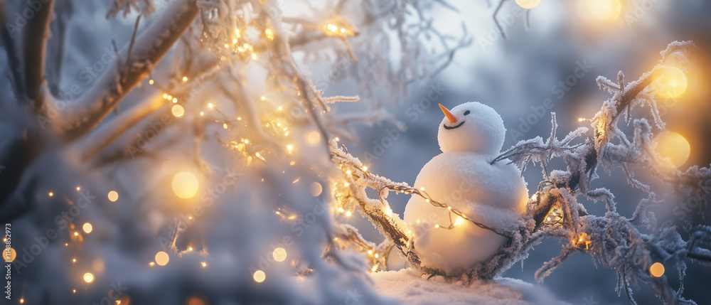 Obraz premium Snowman smiling under frosted tree branches, golden lights sparkling, creating a magical winter scene-4