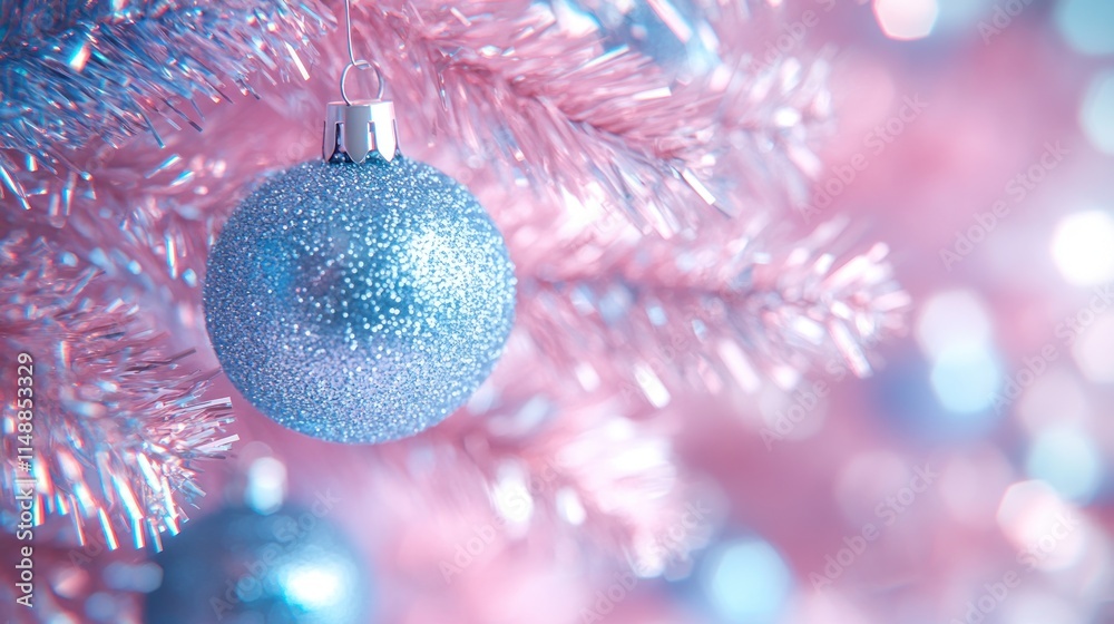 Shiny blue ornament on a pastel pink Christmas tree with bokeh lights. Shiny blue ornament on a pastel pink Christmas tree with bokeh lights.