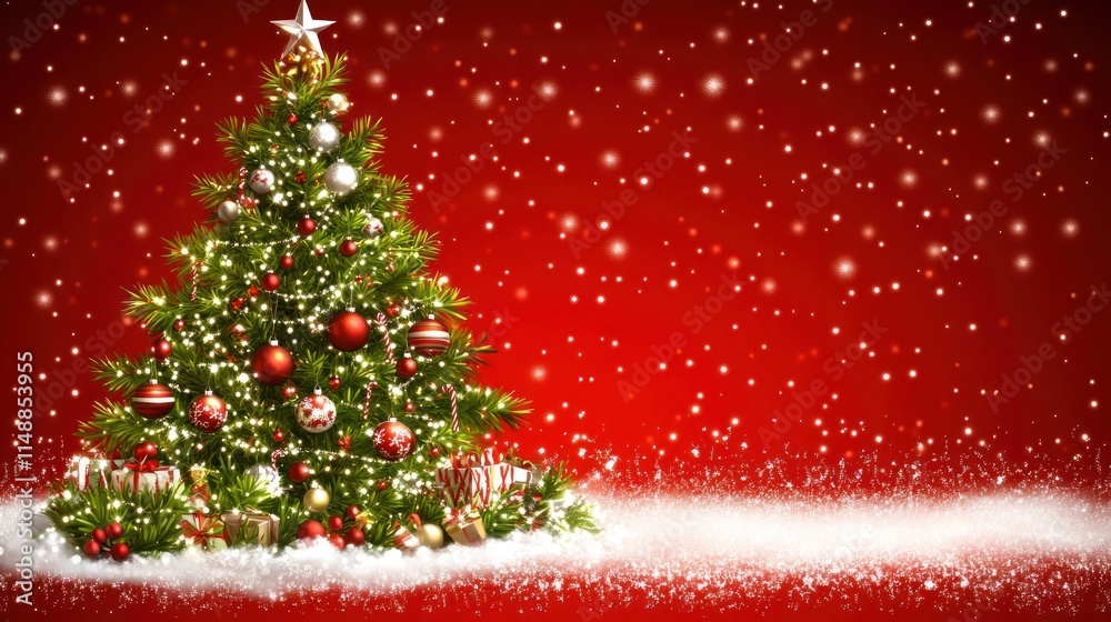 Christmas Magic: A Festive Scene with a Decorated Tree and Gifts on a Snowy Red Background Christmas Magic: A Festive Scene with a Decorated Tree and Gifts on a Snowy Red Background