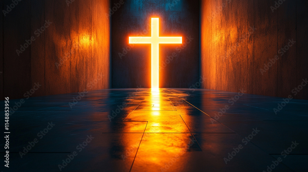 Naklejka premium cross-shaped door in a dark room, glowing light shining through. The minimalistic tone and blurred background evoke a sense of hope, faith, and the search for clarity amidst chaos