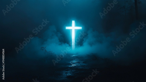 cross-shaped door in a dark room, glowing light shining through. The minimalistic tone and blurred background evoke a sense of hope, faith, and the search for clarity amidst chaos photo