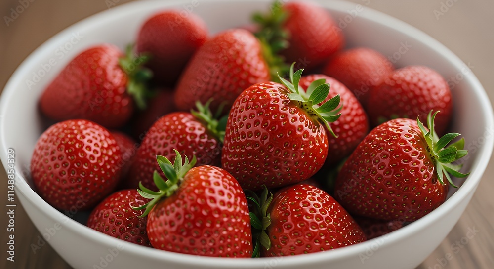 Close-up, vibrant and delicious fresh strawberries in a white bowl, ready for consumption. Selective focus, copy space. Close-up, vibrant and delicious fresh strawberries in a white bowl, ready for consumption. Selective focus, copy space.