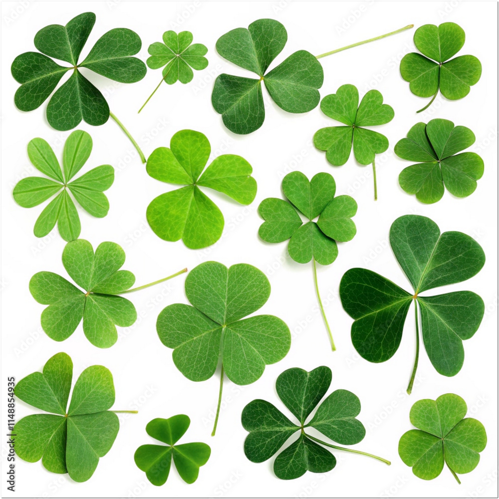 Collection set of green lucky clover and shamrock isolated on transparent background, Collection set of green lucky clover and shamrock isolated on transparent background,