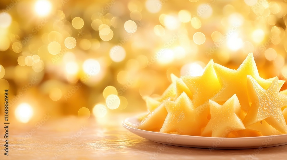 A plate of star-shaped fruit sits against a blurred, shimmering golden background, creating a festive and cheerful atmosphere. A plate of star-shaped fruit sits against a blurred, shimmering golden background, creating a festive and cheerful atmosphere.