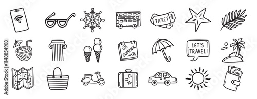 travel doodle hand drawn icon set. Outline drawing travel tourism line clipart symbols