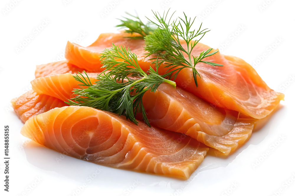 Smoked salmon slices with dill on white background Smoked salmon slices with dill on white background