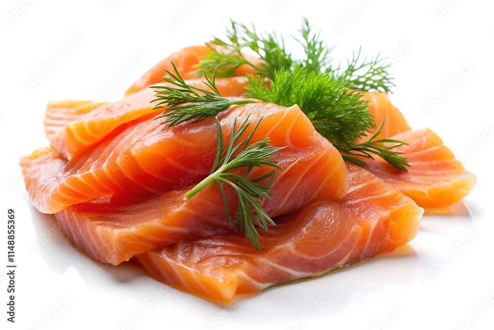 Smoked salmon slices with dill on white background Smoked salmon slices with dill on white background