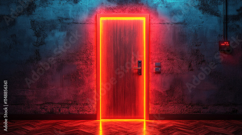 cross-shaped door in a dark room, glowing light shining through. The minimalistic tone and blurred background evoke a sense of hope, faith, and the search for clarity amidst chaos photo