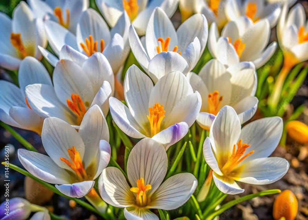 Naklejka premium Close-Up Top View of White Crocus Vernus Flowers Blooming in Sunny April Sunlight