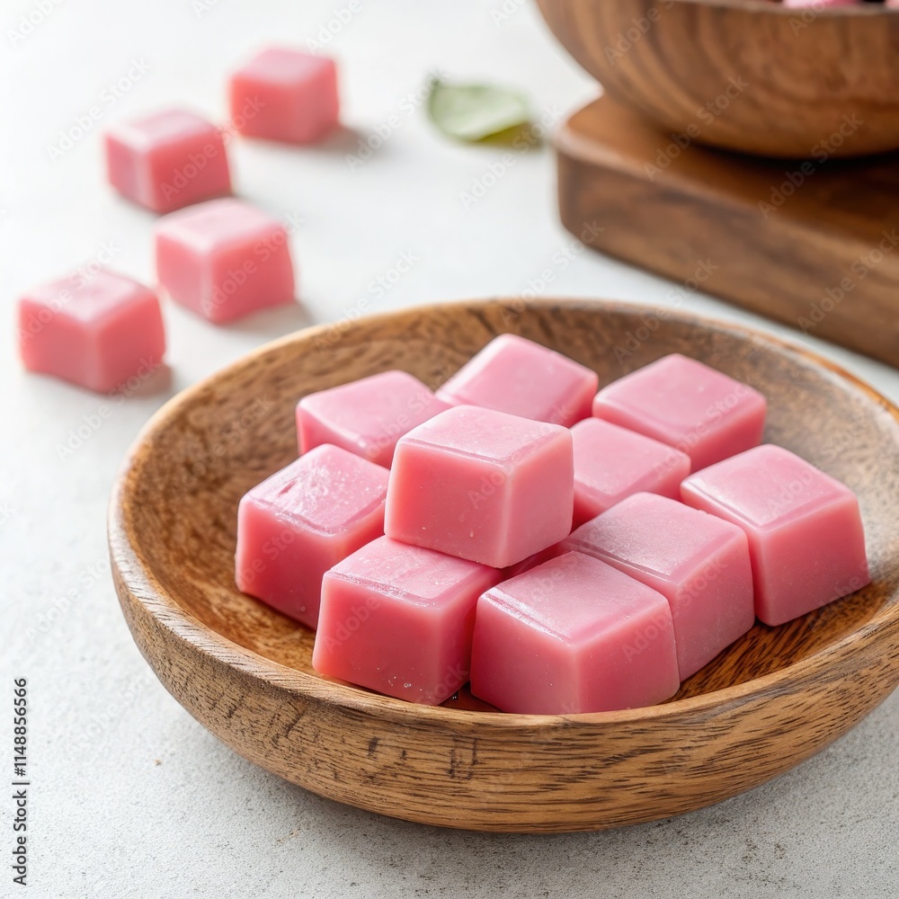 Bright pink jelly cubes in a wooden bowl, complemented by a soft white background. Square pink candies on a light background. Bright pink jelly cubes in a wooden bowl, complemented by a soft white background. Square pink candies on a light background.