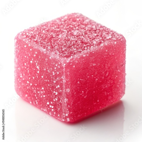 Close-up of a pink square jelly candy covered in sugar, with a soft and textured surface