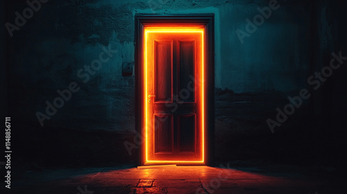 cross-shaped door in a dark room, glowing light shining through. The minimalistic tone and blurred background evoke a sense of hope, faith, and the search for clarity amidst chaos photo