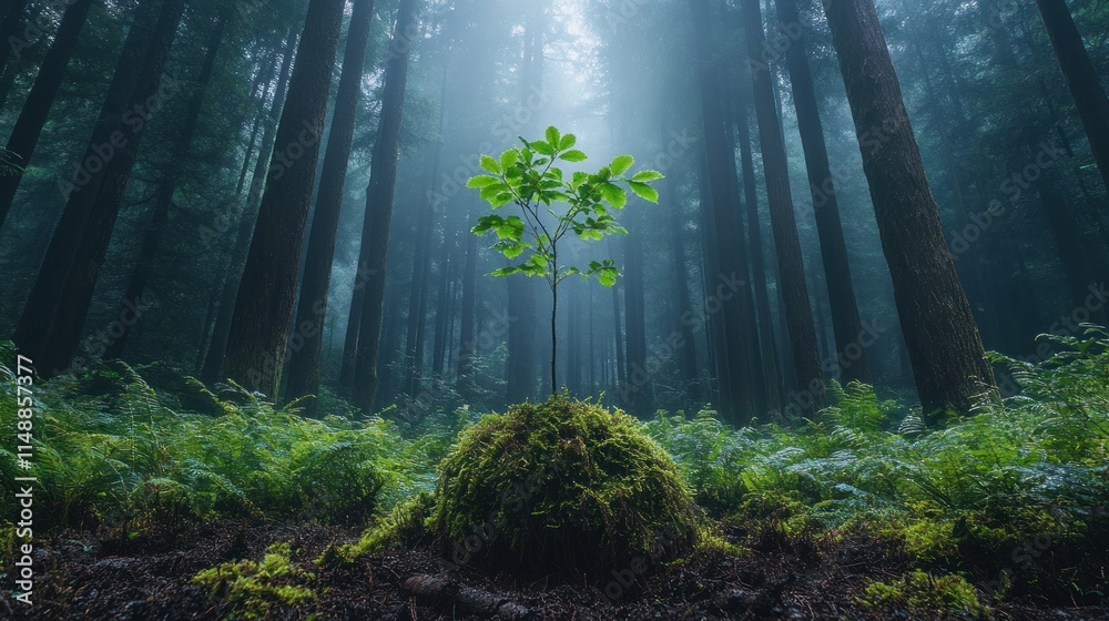 Obraz premium Small tree growing in a misty forest.