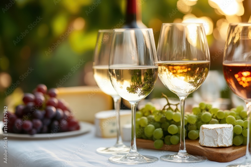 Elegant table setting featuring wine glasses and a cheese platter for a leisurely outdoor gathering at sunset. Generative AI Elegant table setting featuring wine glasses and a cheese platter for a leisurely outdoor gathering at sunset. Generative AI