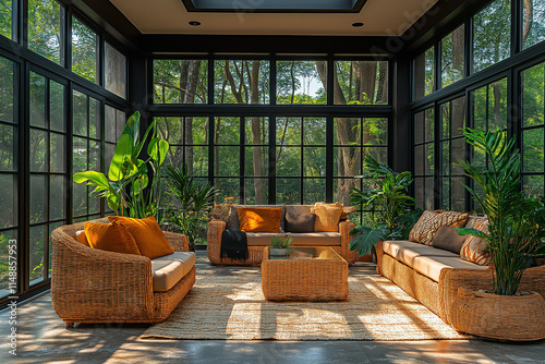 Jardin d’Hiver Contemporain avec Grandes Fenêtres en Verre, Sièges Confortables, Plantes Luxuriantes et Lumière Naturelle Douce, Ambiance Lumineuse et Relaxante photo