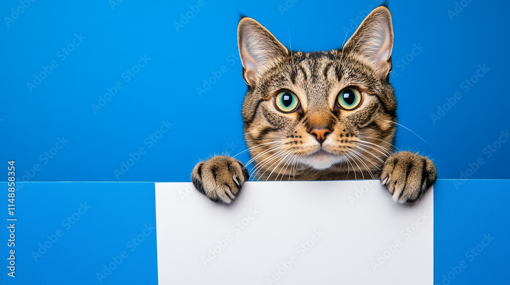 cat holding a white banner in paws on a color background cat holding a white banner in paws on a color background