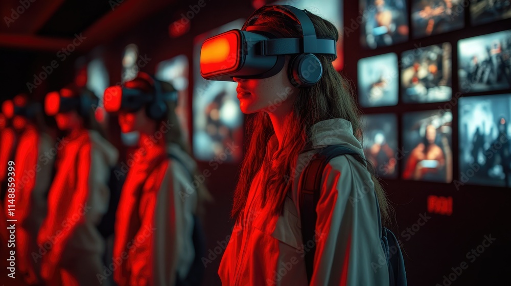 Woman Experiencing Immersive Virtual Reality Technology Woman Experiencing Immersive Virtual Reality Technology