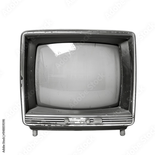 A black and white television with a white screen