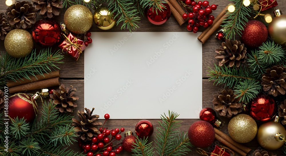 Festive Christmas decorations frame blank space, featuring pinecones, ornaments, and greenery, creating warm and inviting holiday atmosphere. Festive Christmas decorations frame blank space, featuring pinecones, ornaments, and greenery, creating warm and inviting holiday atmosphere.