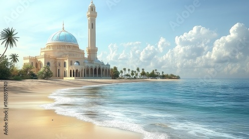 Coastal mosque on sandy beach, turquoise ocean, palm trees, sunny sky. photo