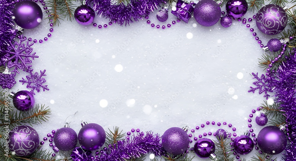 Festive header with a snowy frame of purple Christmas decorations and pine twigs creating a holiday background with copy space image. Festive header with a snowy frame of purple Christmas decorations and pine twigs creating a holiday background with copy space image.