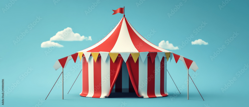 Brightly colored circus tent with red and white stripes, flags, and bunting Brightly colored circus tent with red and white stripes, flags, and bunting