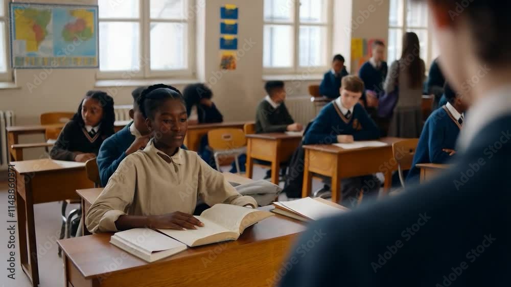 Black Student in Classroom with Different Uniform, Sad Expression Black Student in Classroom with Different Uniform, Sad Expression