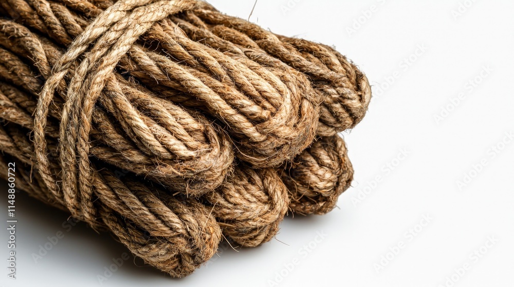 Close-up of bundled natural jute rope on white background. Close-up of bundled natural jute rope on white background.