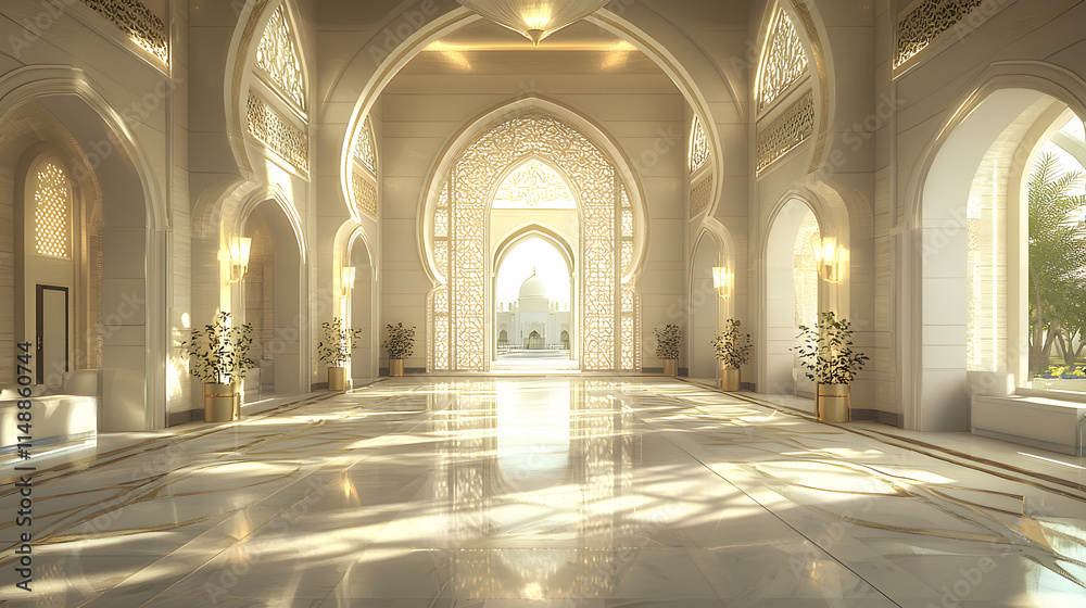 Fototapeta premium Luxurious Islamic Palace Interior Grand Hallway View