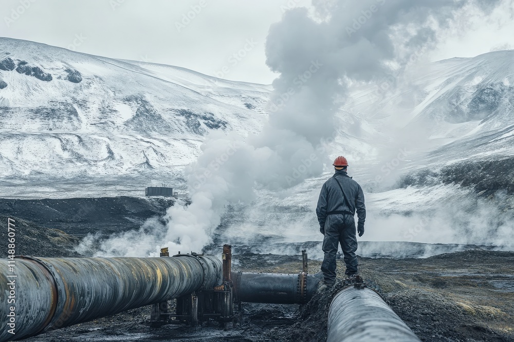 Obraz premium A professional photograph of an engineer inspecting a geothermal steam pipe in a remote area, with steam rising behind