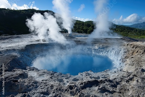 A geothermal energy plant surrounded by geysers and steam vents in a rugged, volcanic landscape