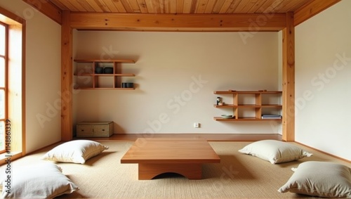 Minimalist Japanese-inspired room with wooden interiors, a low wooden table, floor cushions, open shelves, and natural sunlight streaming through large windows. Generative, AI, photo