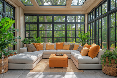 Jardin d’Hiver Contemporain avec Grandes Fenêtres en Verre, Sièges Confortables, Plantes Luxuriantes et Lumière Naturelle Douce, Ambiance Lumineuse et Relaxante photo