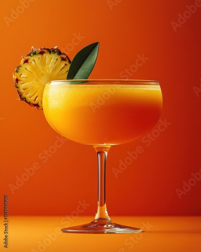 Vibrant cocktail garnished with pineapple and leaves against a salmon background photo