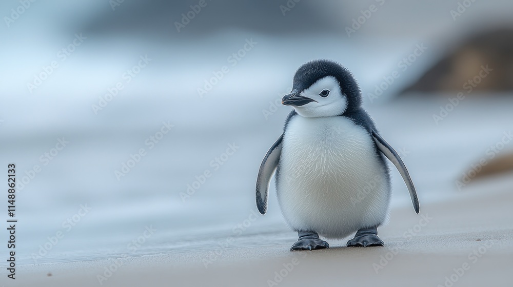 Naklejka premium Adorable fluffy penguin chick on beach near ocean waves.