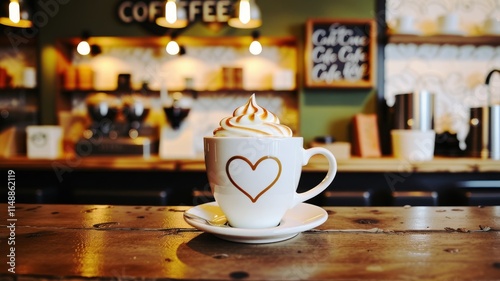 Coffee latte with heart-shaped latte art in cozy cafe