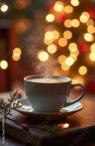 Wallpaper Mural White coffee cup on wooden table on blurred background Torontodigital.ca