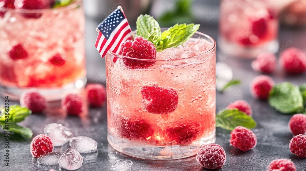 Refreshing raspberry cocktail with mint and an american flag Refreshing raspberry cocktail with mint and an american flag
