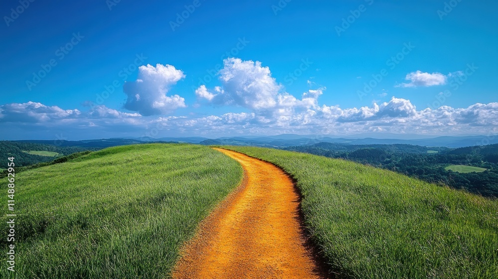 Fototapeta premium Winding dirt road on a grassy hilltop under a blue sky with fluffy clouds.