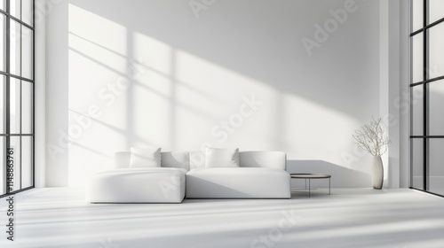 Modern minimalist living space with clean, stylish decor. Featuring sleek lines and muted hues
