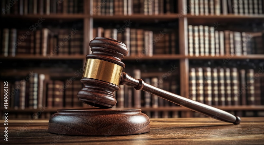 Gavel in the foreground, with bookshelves behind it, representing the concept of law and justice. Gavel in the foreground, with bookshelves behind it, representing the concept of law and justice.