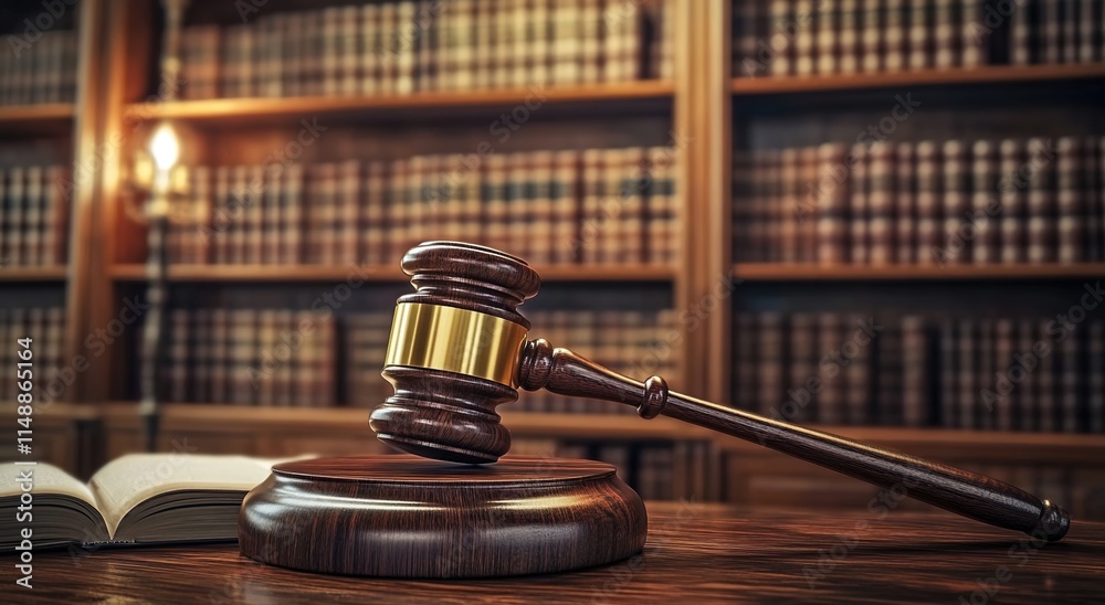 Gavel in the foreground, with bookshelves behind it, representing the concept of law and justice. Gavel in the foreground, with bookshelves behind it, representing the concept of law and justice.