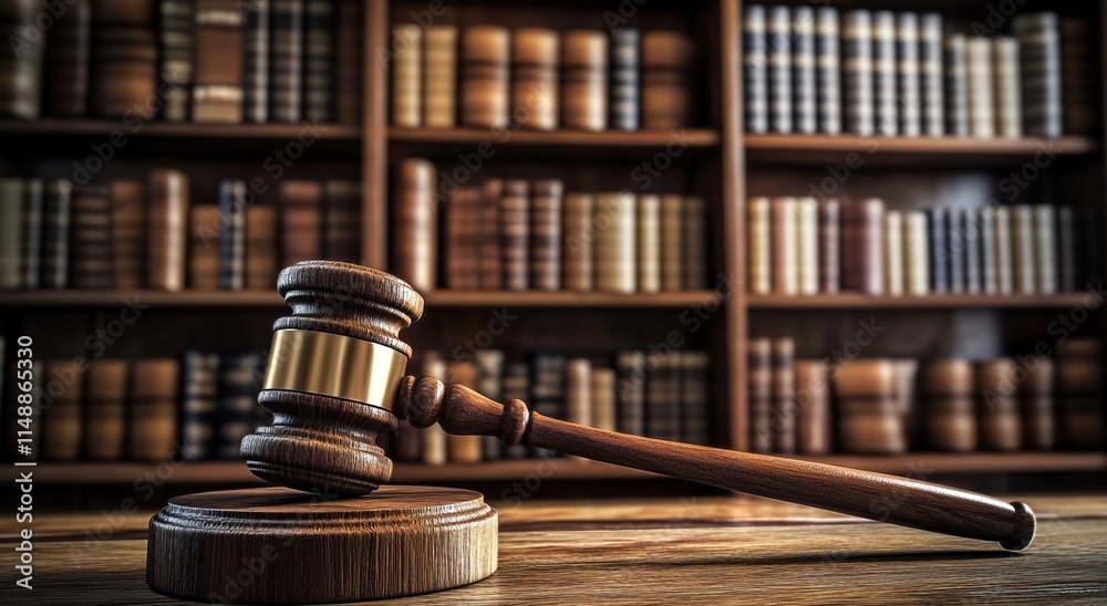 Gavel in the foreground, with bookshelves behind it, representing the concept of law and justice. Gavel in the foreground, with bookshelves behind it, representing the concept of law and justice.