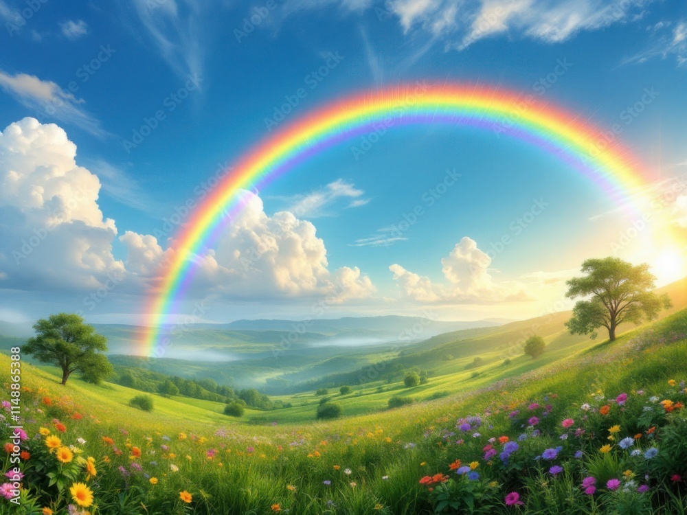 Naklejka premium Vibrant Rainbow Over a Lush Green Meadow with Colorful Wildflowers