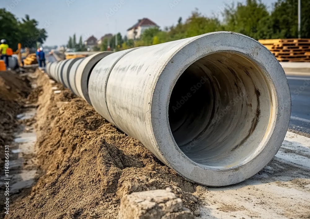 A photograph of large concrete pipes used for water and sewerage systems, lined up in rows on the side of a highway under construction. A photograph of large concrete pipes used for water and sewerage systems, lined up in rows on the side of a highway under construction.