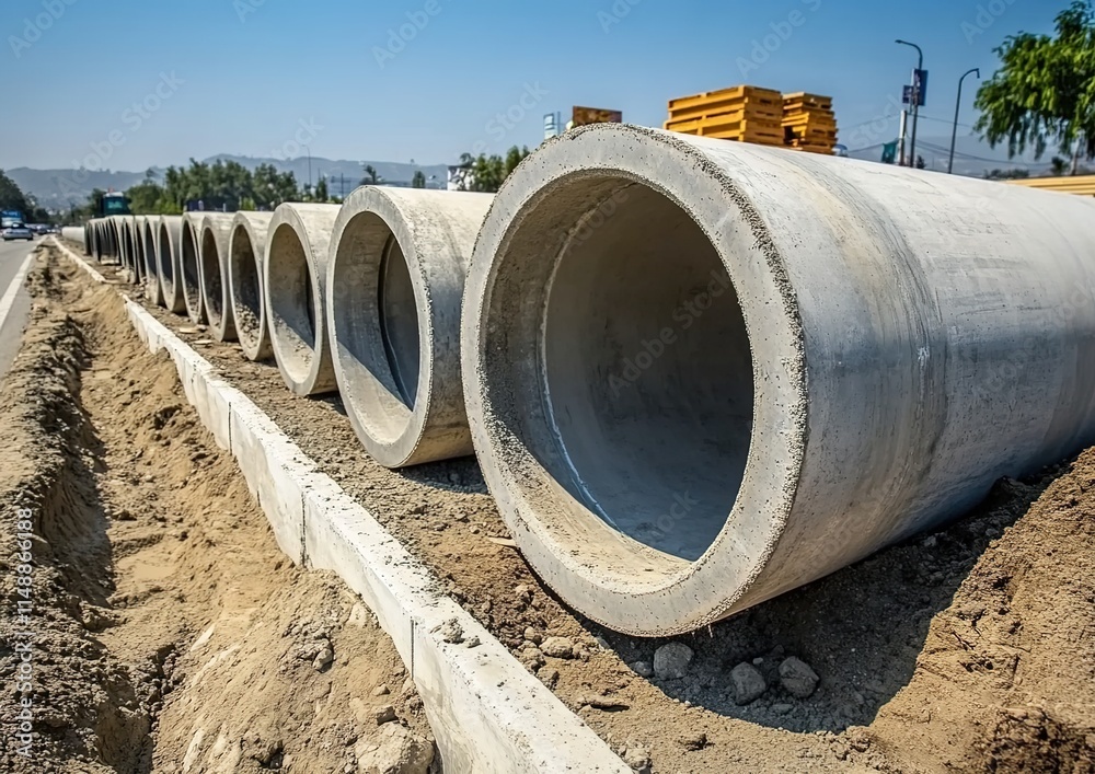 A photograph of large concrete pipes used for water and sewerage systems, lined up in rows on the side of a highway under construction. A photograph of large concrete pipes used for water and sewerage systems, lined up in rows on the side of a highway under construction.