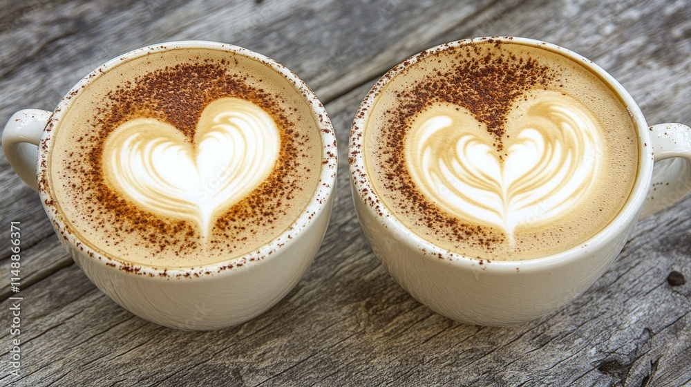 Two cups of latte art coffee with heart designs on wooden table. The 14th of February. Happy Valentine's Day Two cups of latte art coffee with heart designs on wooden table. The 14th of February. Happy Valentine's Day