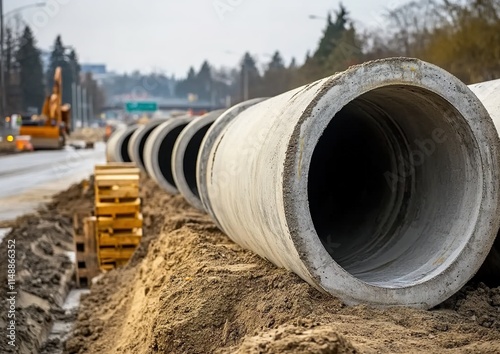 Wallpaper Mural A photograph of large concrete pipes used for water and sewerage systems, lined up in rows on the side of a highway under construction. Torontodigital.ca