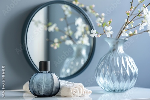 Minimalist composition of an elegant bathroom setting with a gray wall, mirror and glass vase on a white table with navy blue accents and a grey background